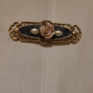 Delicate Gold-Tone Bar Brooch with Pink Rose and Pearl Accents Vintage